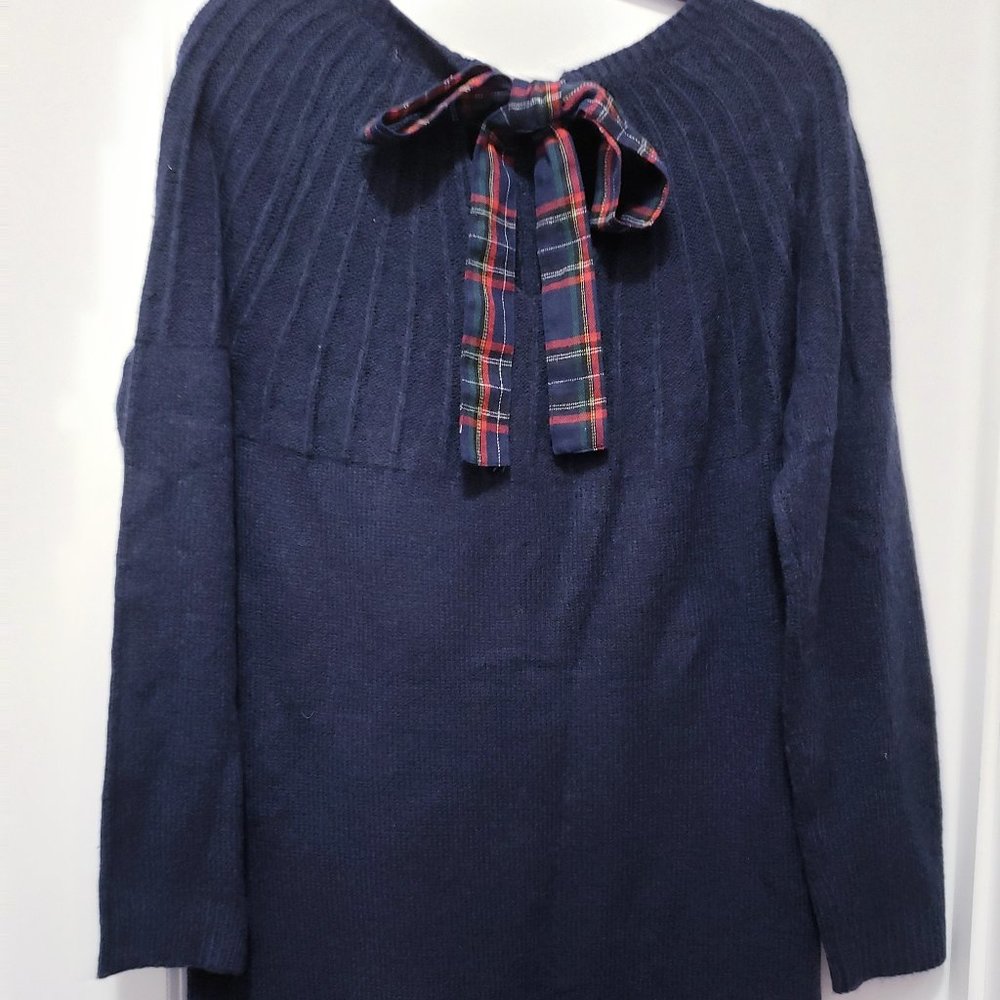 Navy blue sweater dress with plaid bow